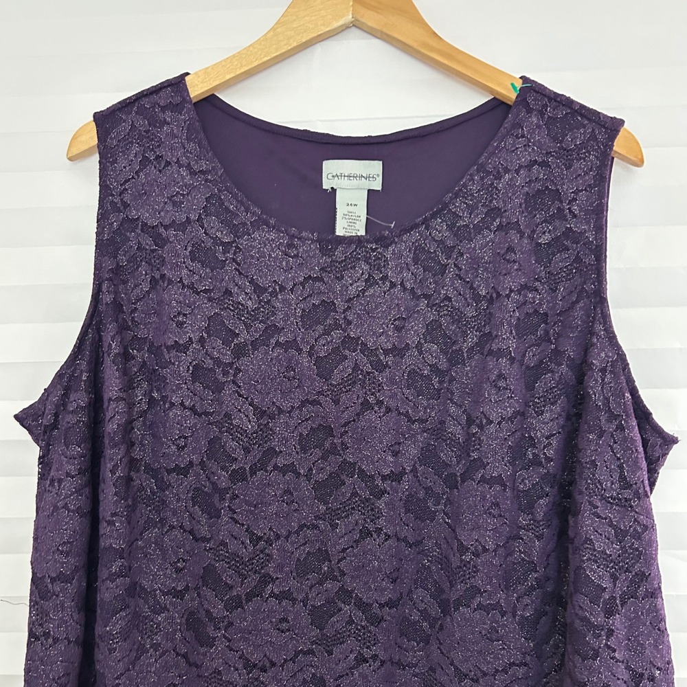 Catherines Purple Floral Lace Shimmer Tank Top Blouse Plus Sz 24W Scalloped Hem - Picture 3 of 7